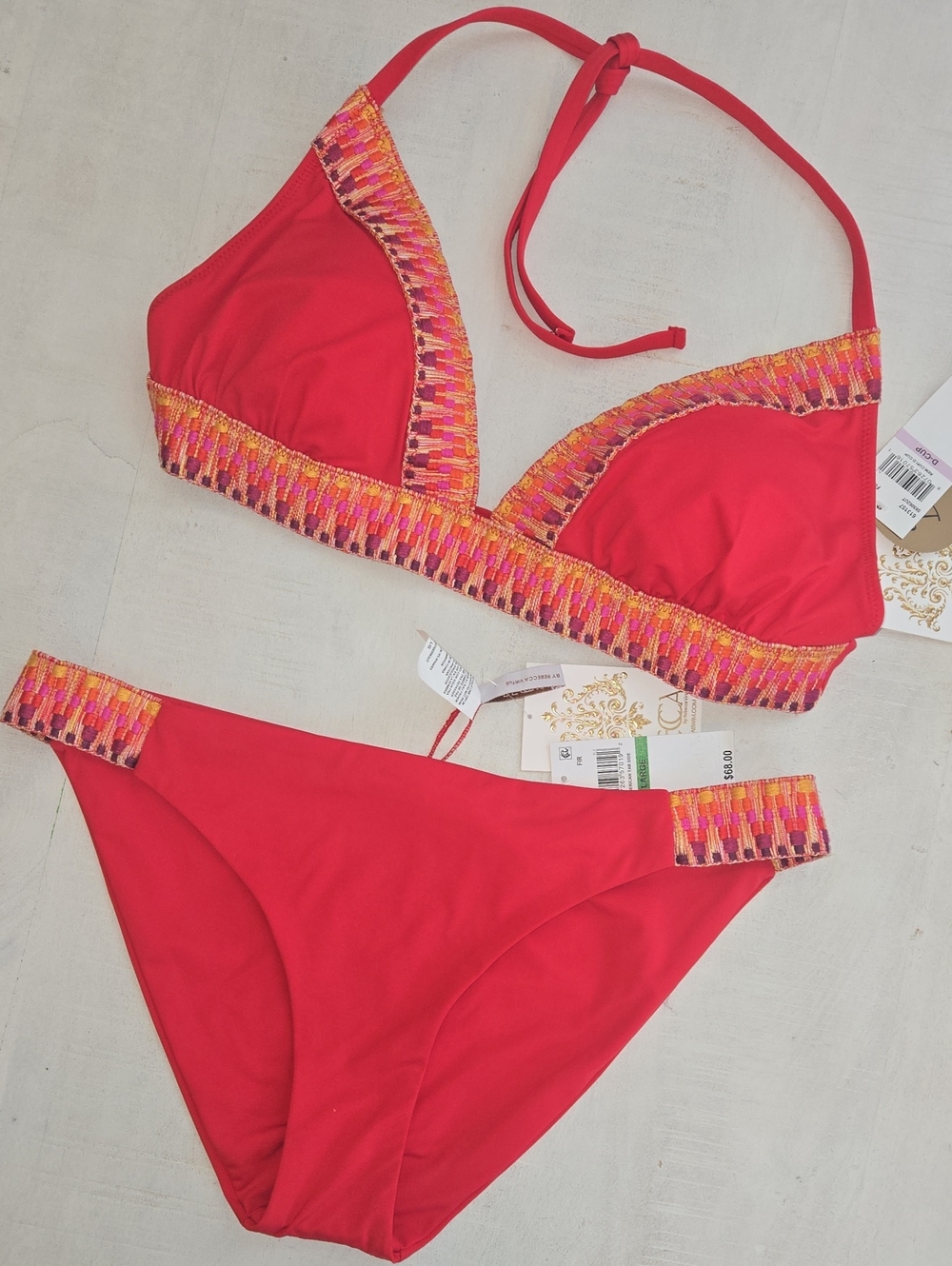BECCA Fiesta Red Halter Bikini with Multicolor Woven Trim NWT